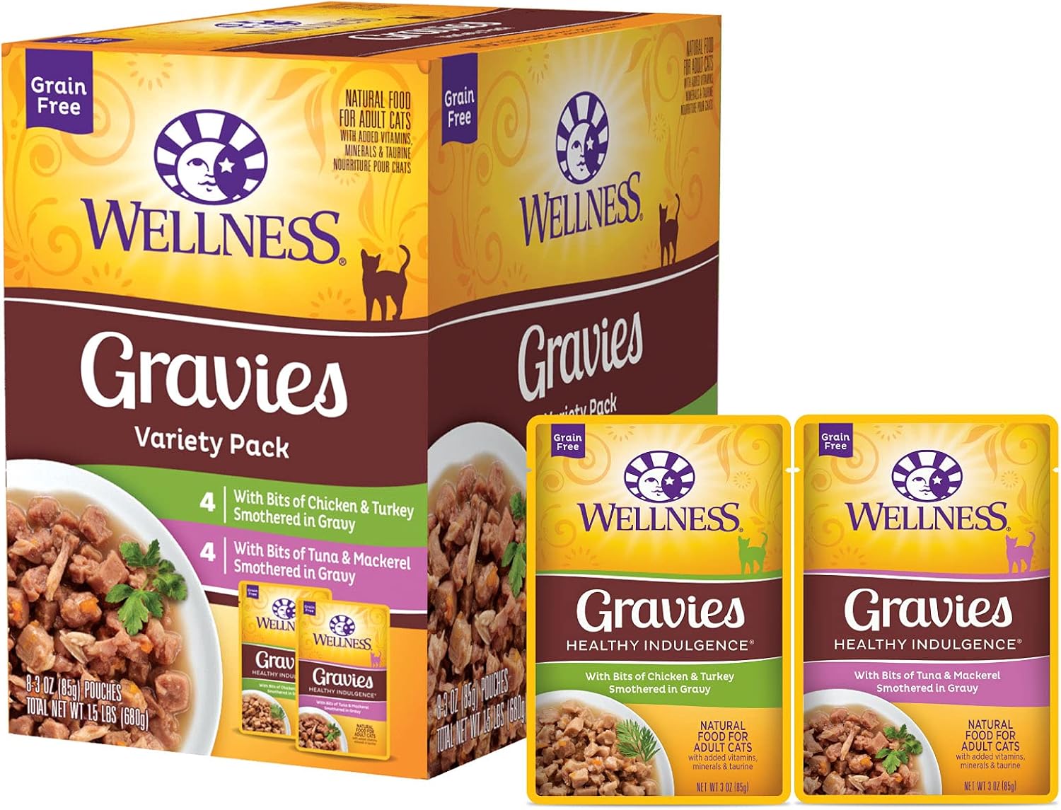 Wellness Healthy Indulgence Morsels Variety Pack Adult Wet Cat Food, Natural, Protein Rich, Grain Free, 2 Flavors, 3 oz, Pack of 8 Pouches - Image 10