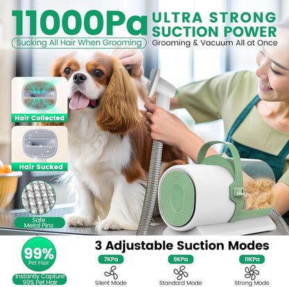Close-up of the eleven thousand Pascal pet hair vacuum suction nozzle removing loose dog fur.