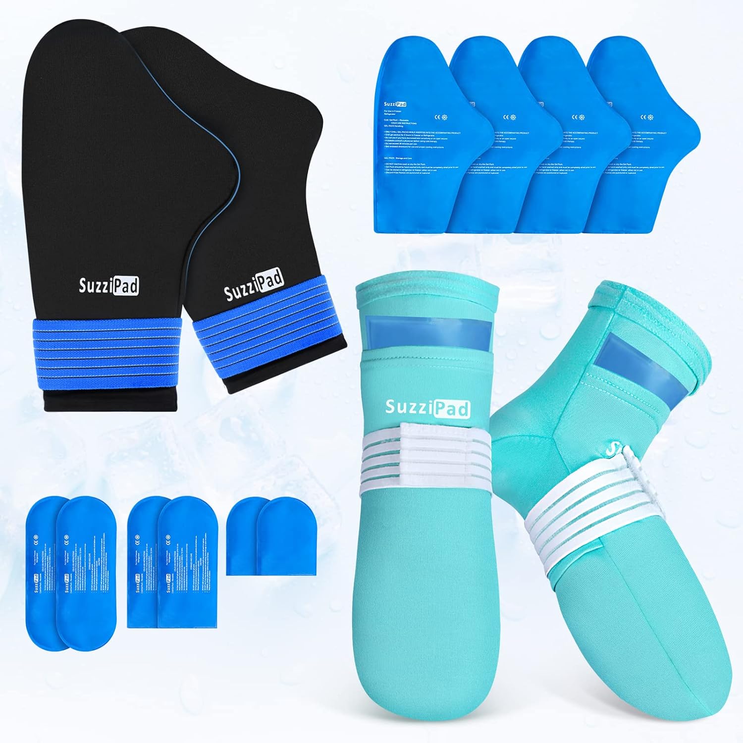 Suzzipad cold therapy socks and hand ice pack set front view