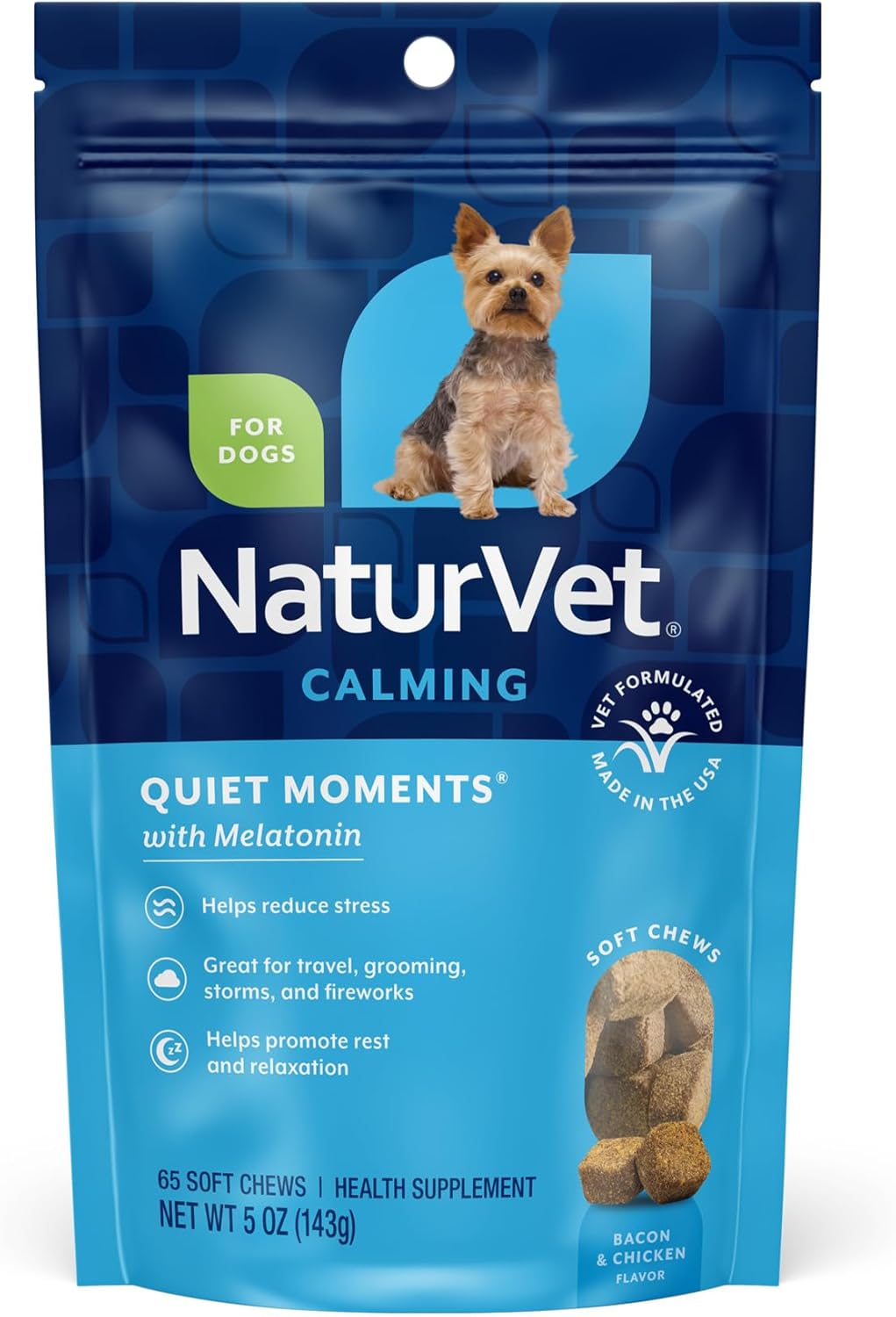 NaturVet Quiet Moments Calming Dog Supplement, Dog Soft Chews with Melatonin to Help Reduce Stress from Storms, the Vet, Fireworks, and Travel, Bacon and Chicken Flavored Pet Supplement, 70 Count Jar - Image 9