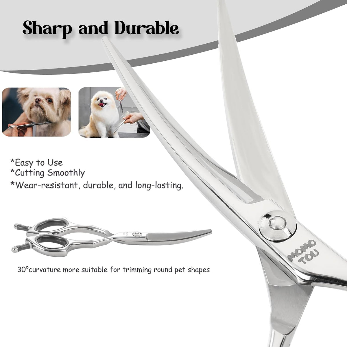 Hashimoto 5 inch curved shears trimming delicate fur around a small dog paw