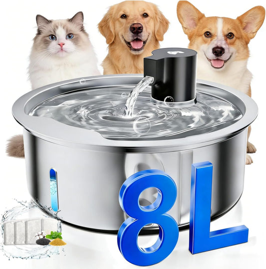 Pawdippity 8 Liter Stainless Steel Pet Water Fountain front view