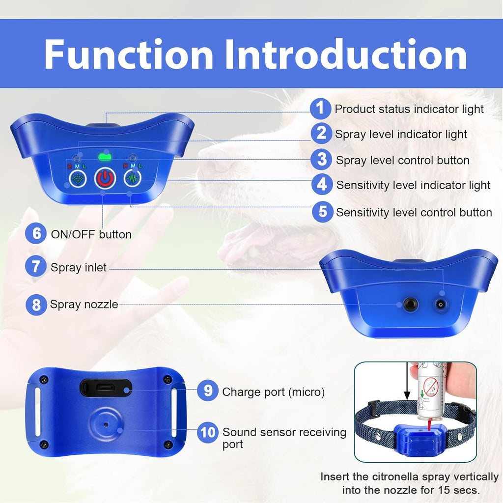 Petctn blue bark collar packaging and contents