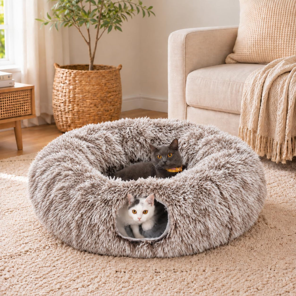 Fluffy Cat Tunnel Bed Under Christmas Tree, Plush Warm Brown - Image 2