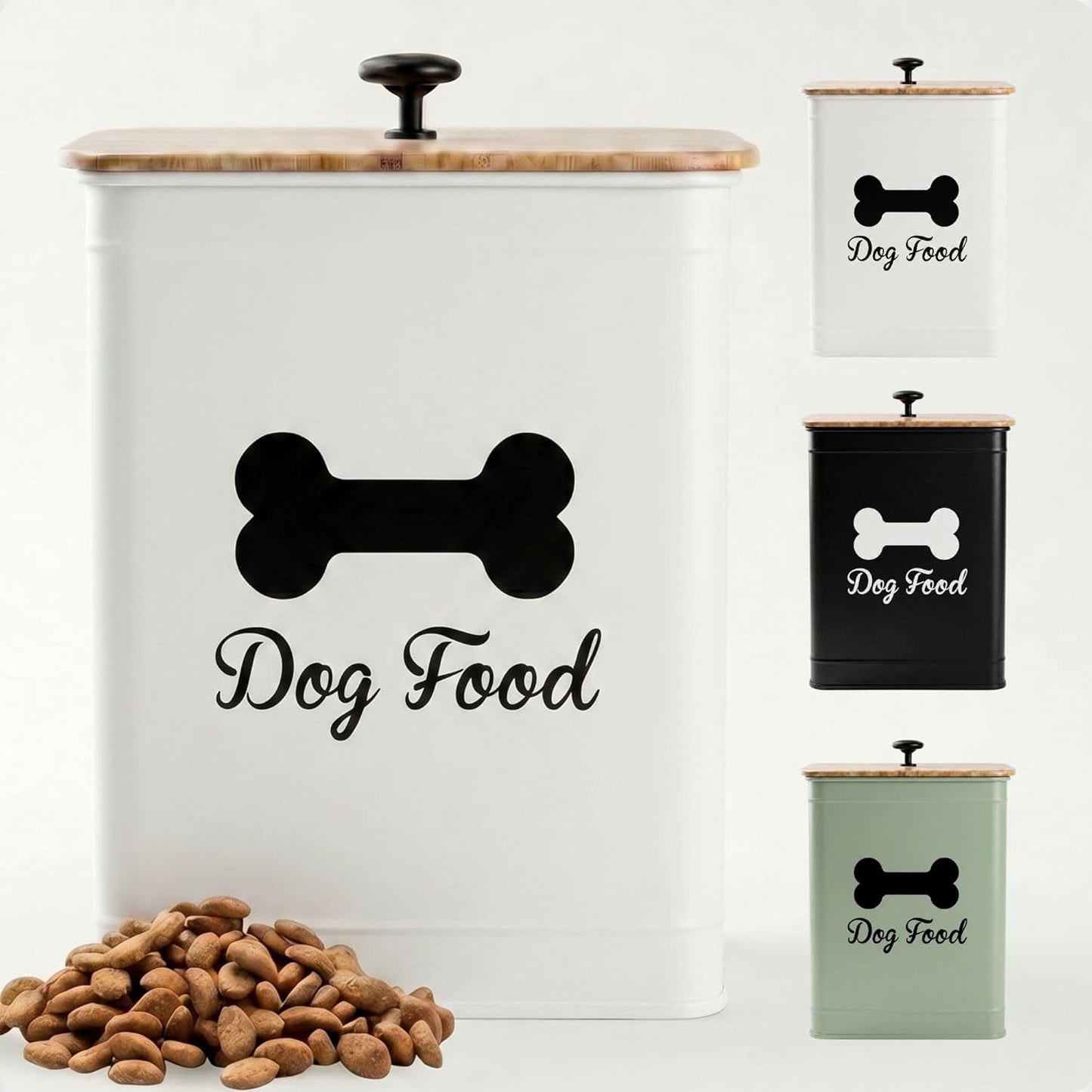 HB Design Co. white metal dog food container with bamboo lid front view