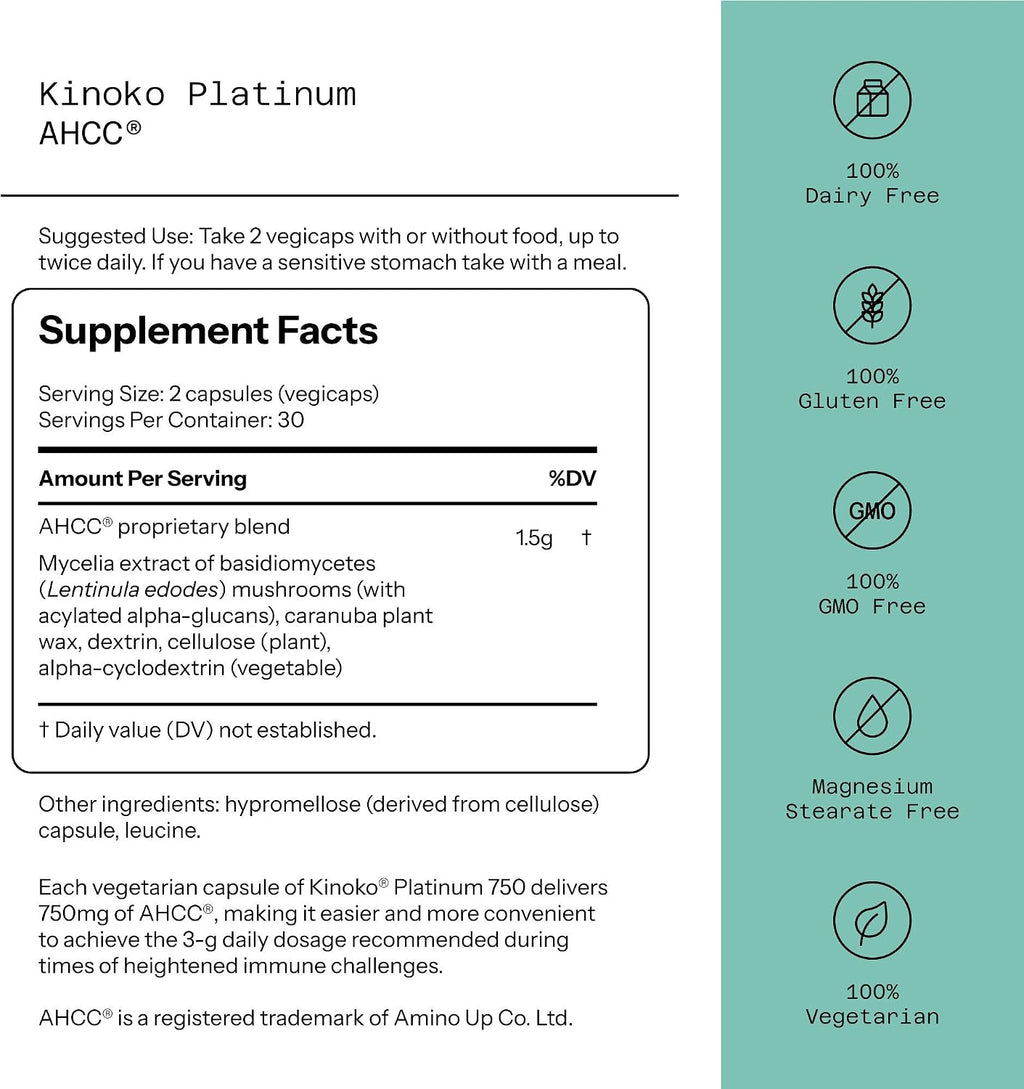 Quality of Life Premium Kinoko Platinum AHCC Herbal Supplement, 750mg per Capsule, for Immune Support, Liver Function, Maintains Natural Killer Cell Activity, Pack of 1, 60 Veggie Capsules - Image 2
