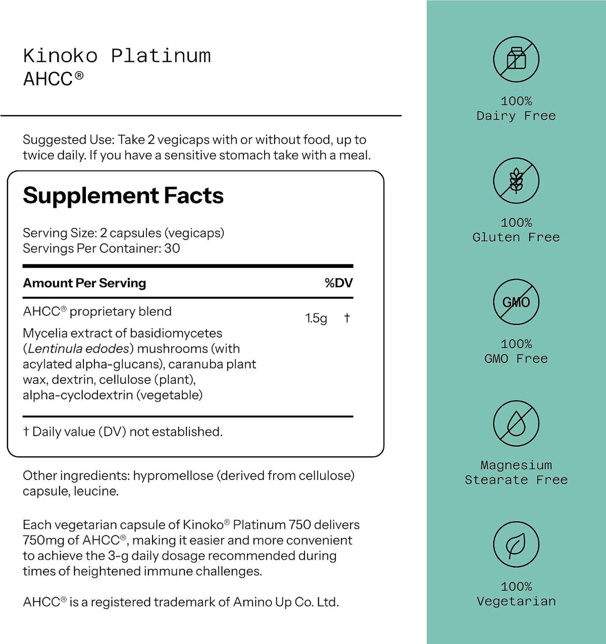 Quality of Life Premium Kinoko Platinum AHCC Herbal Supplement, 750mg per Capsule, for Immune Support, Liver Function, Maintains Natural Killer Cell Activity, Pack of 1, 60 Veggie Capsules - Image 2
