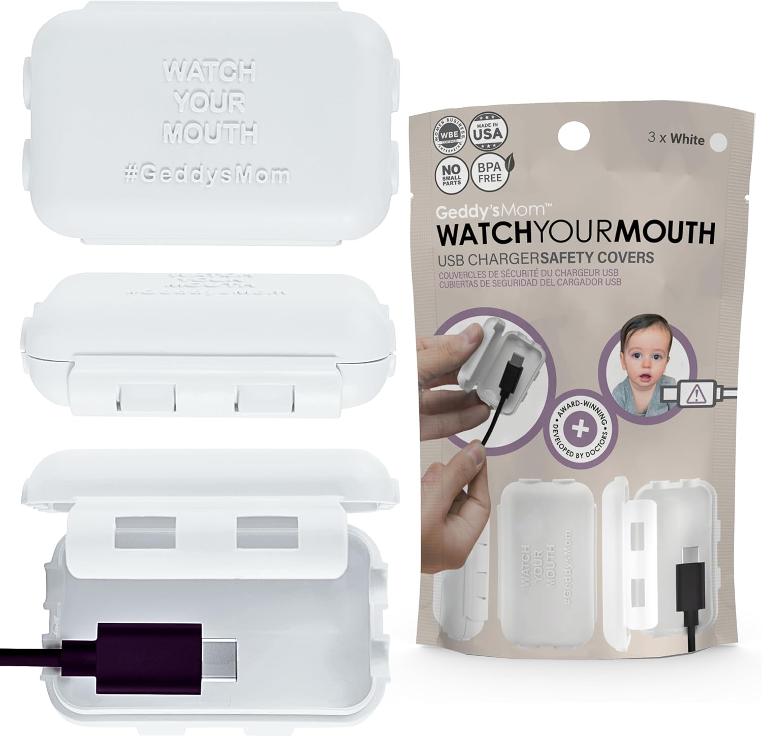 Geddy's Mom Watch Your Mouth USB charger safety cover front view white