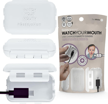 Geddy's Mom Watch Your Mouth USB charger safety cover front view white
