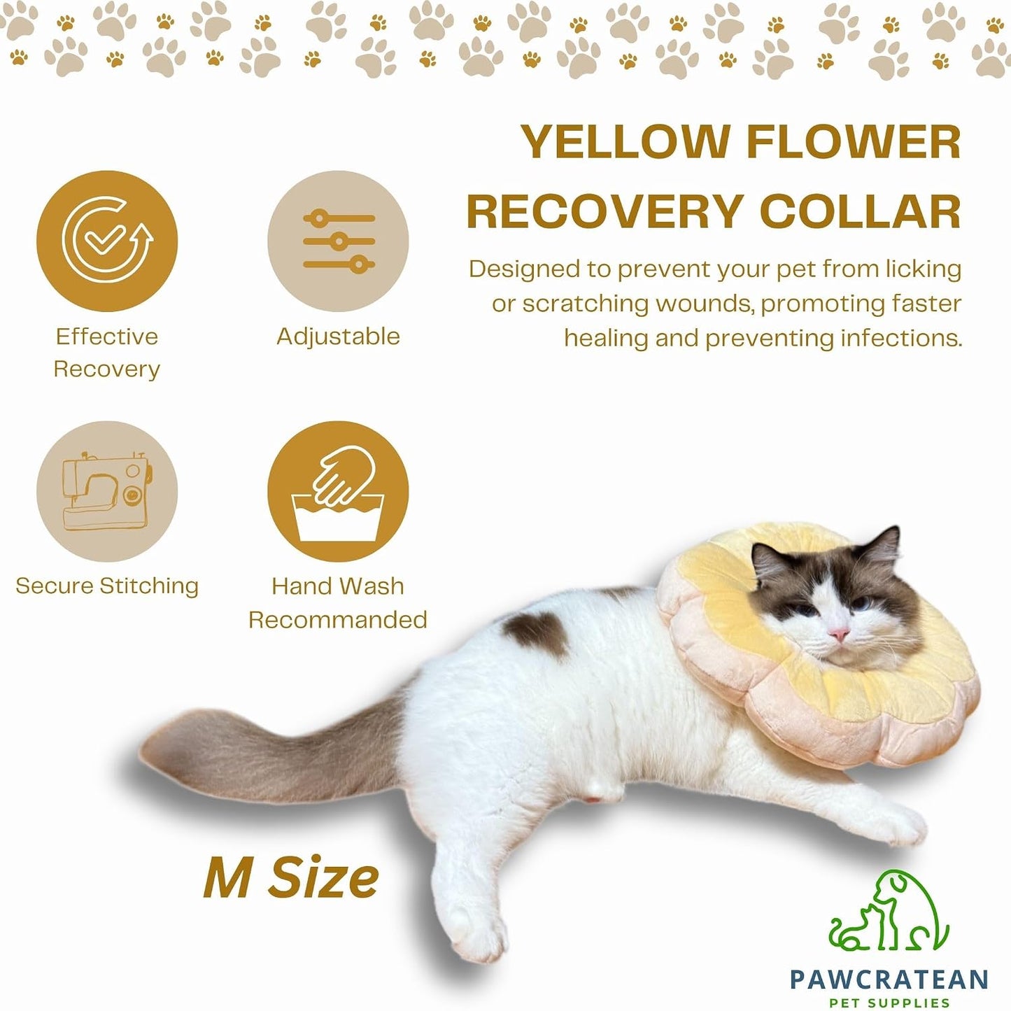 Small size yellow sunflower cat recovery cone displayed flat to show dimensions