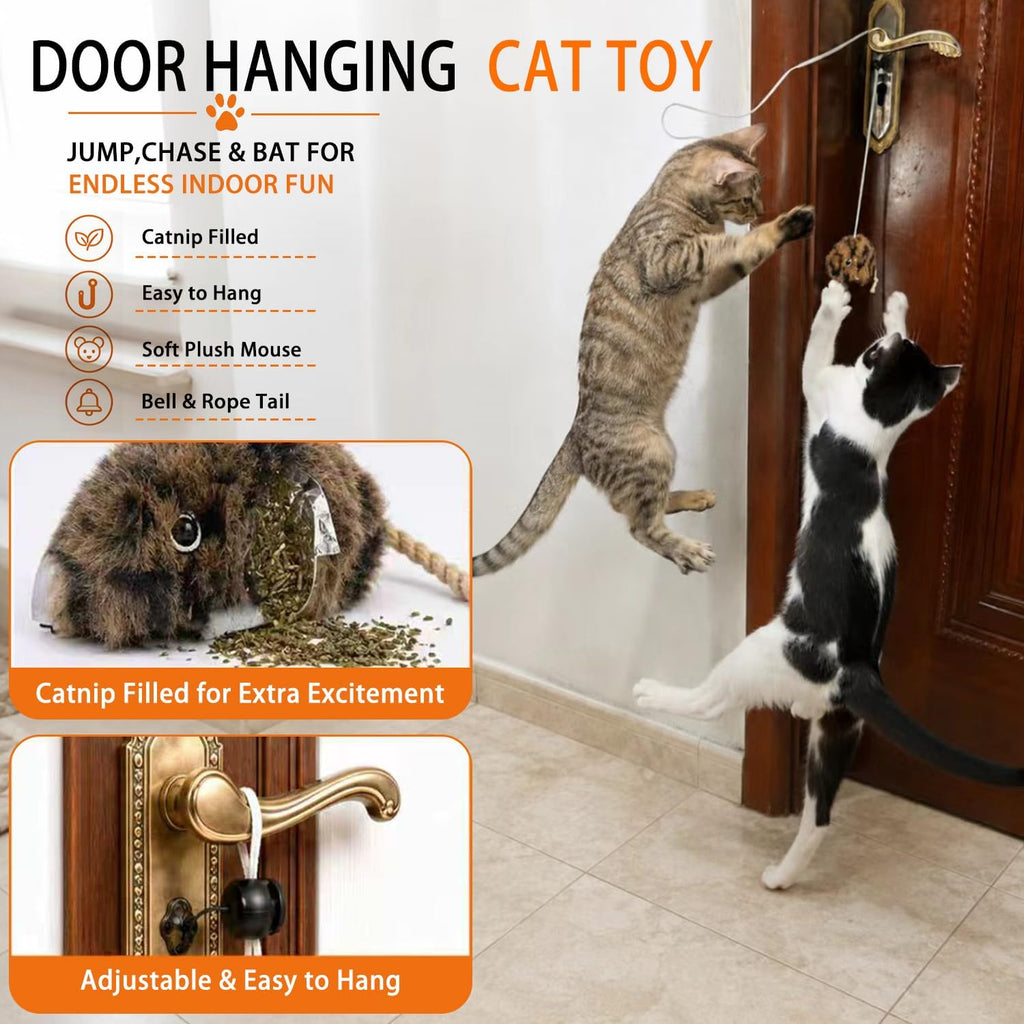 URMYONLY independent play feline plush set highlighting the erratic bouncing elastic cord.