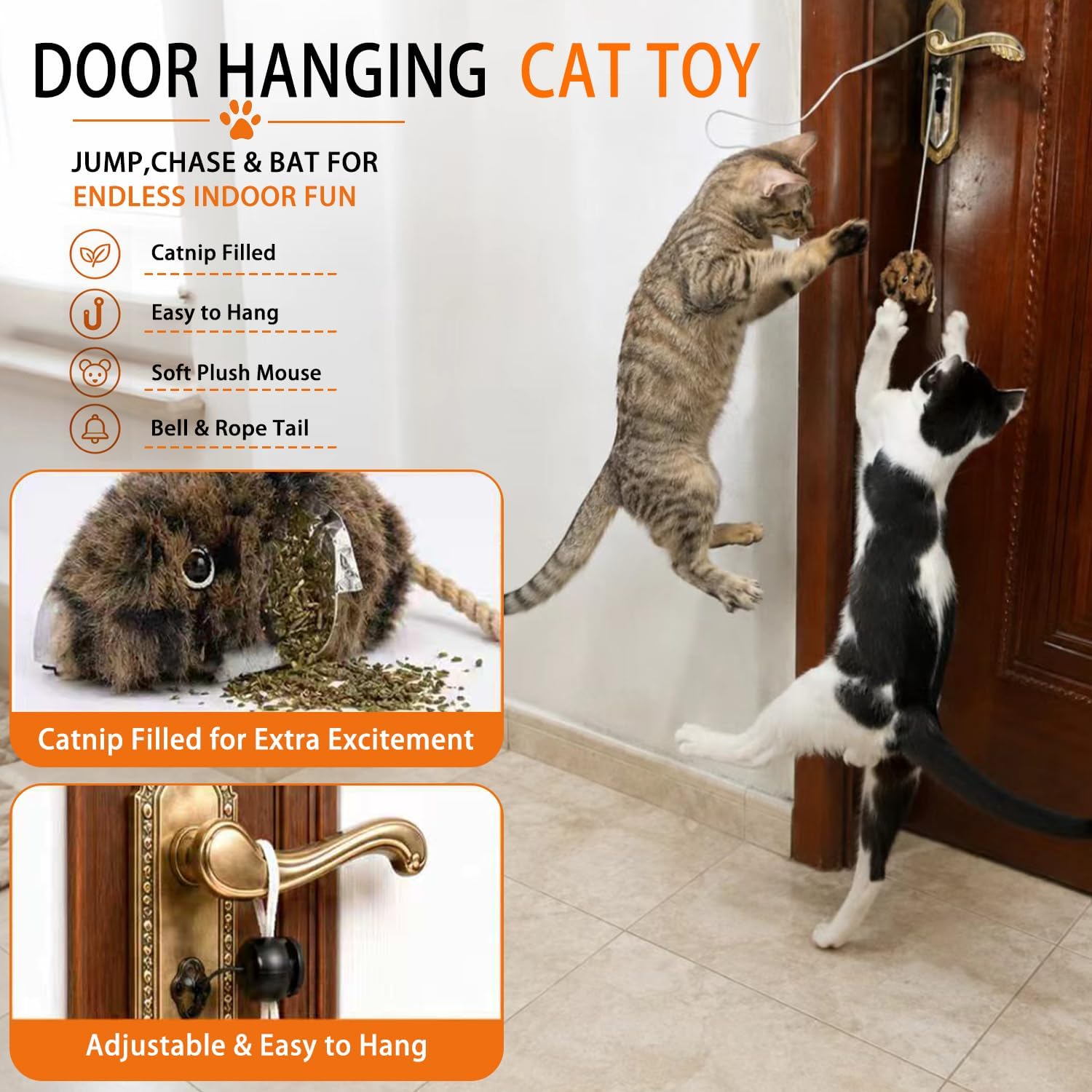 URMYONLY independent play feline plush set highlighting the erratic bouncing elastic cord.