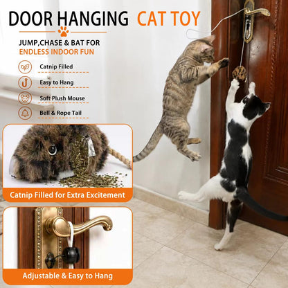 URMYONLY independent play feline plush set highlighting the erratic bouncing elastic cord.