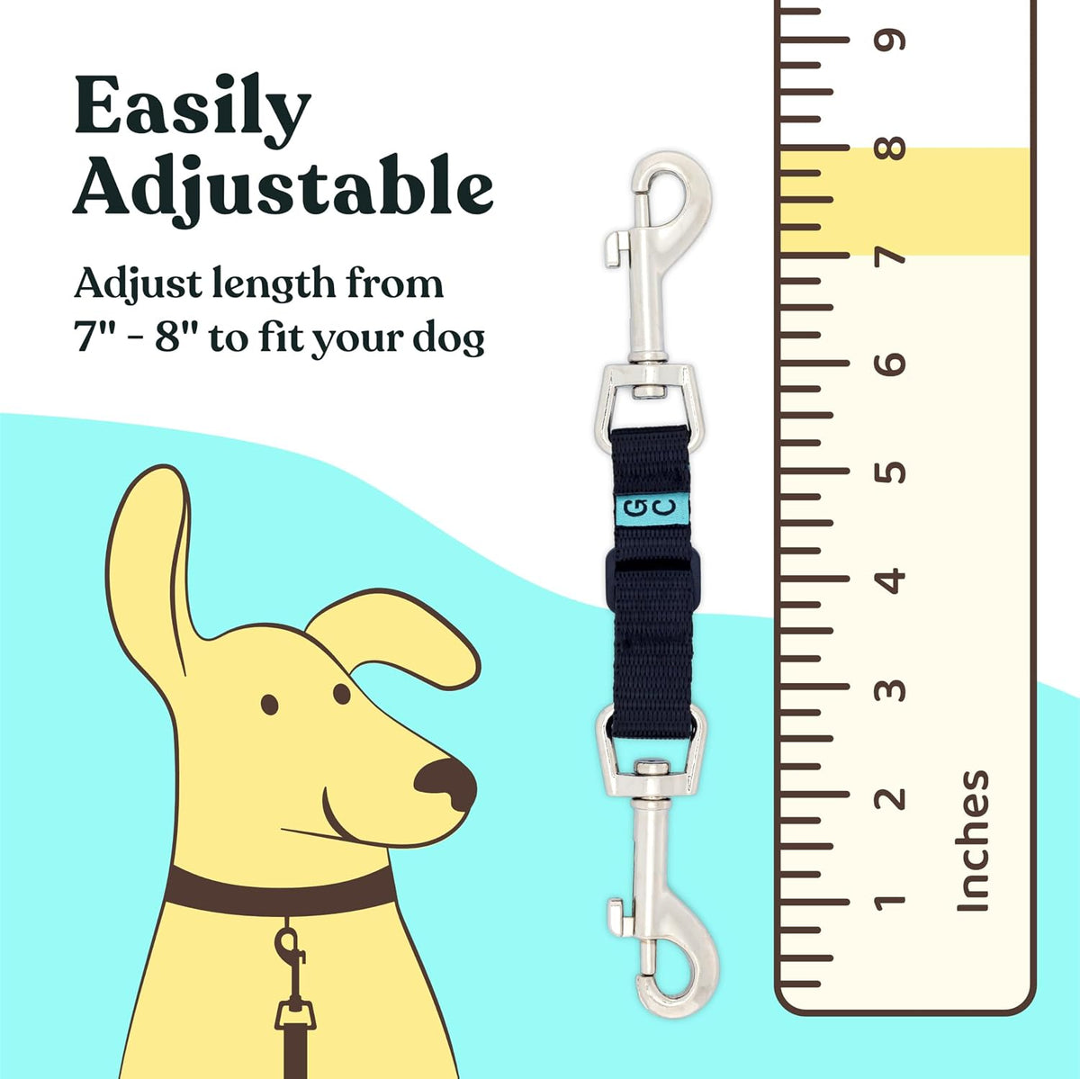 Double ended swivel eye snap hooks on black nylon pet safety strap close up