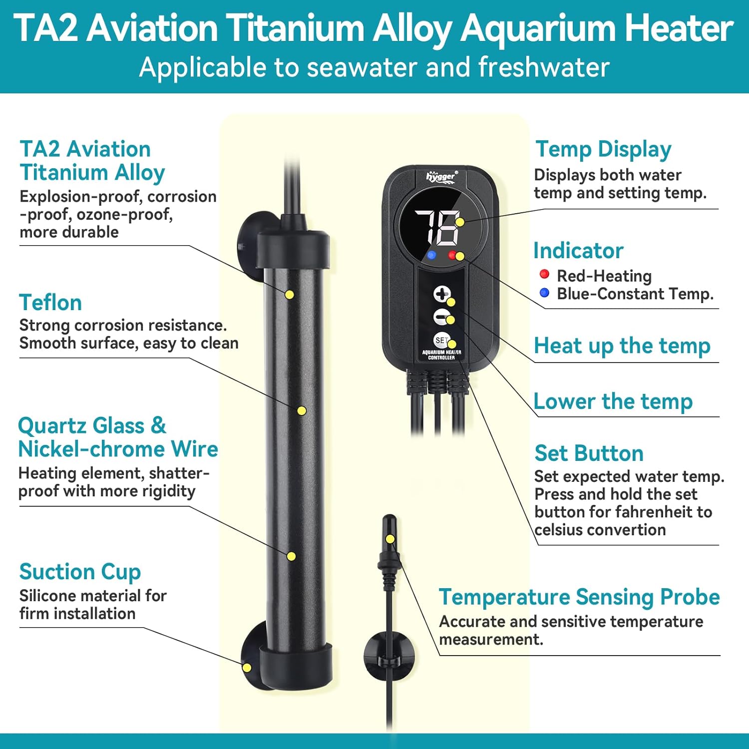 Hygger submersible titanium heating element in water
