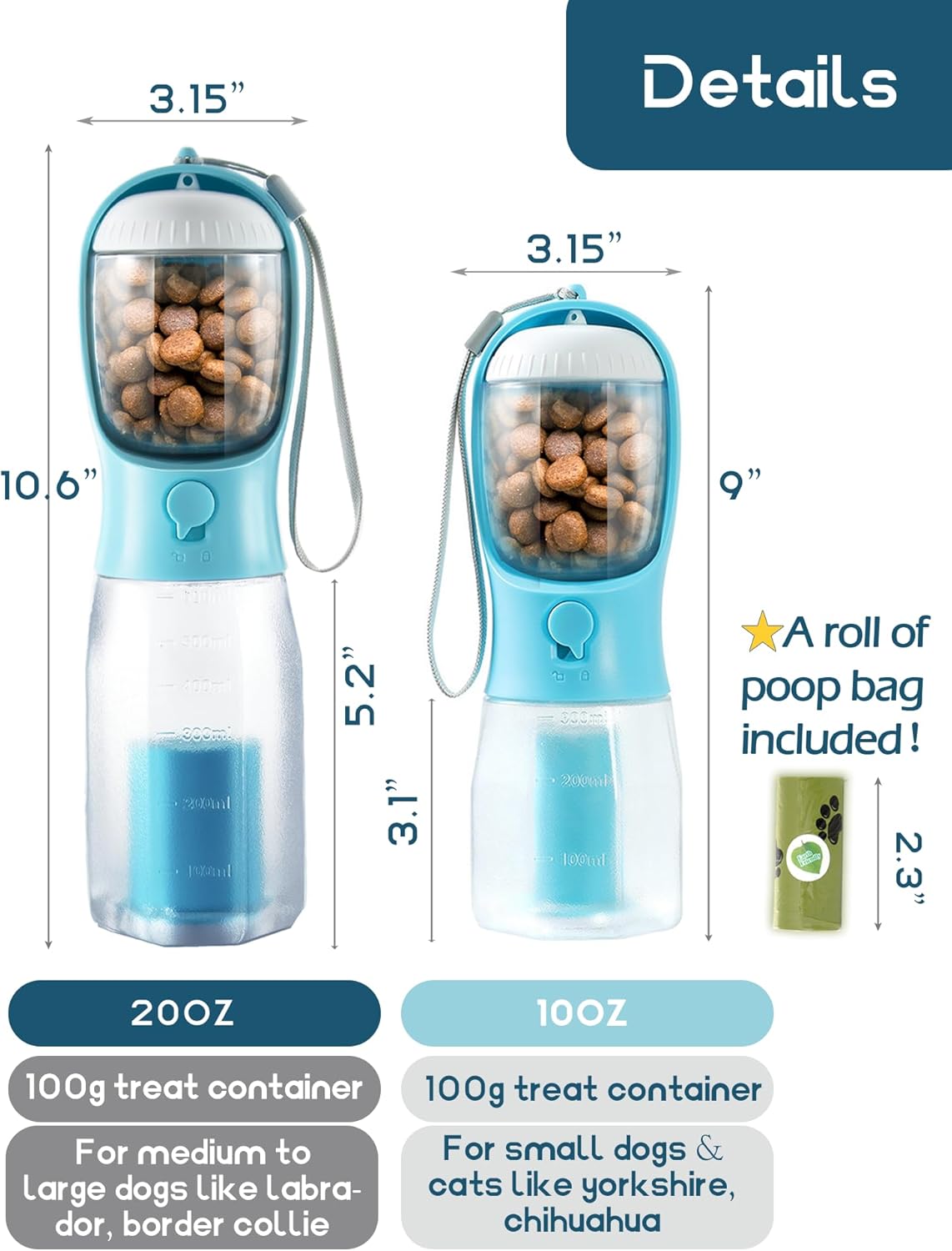 Pink portable water bottle for small dogs showing built in poop bag holder