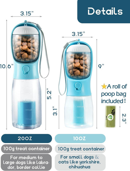 Pink portable water bottle for small dogs showing built in poop bag holder