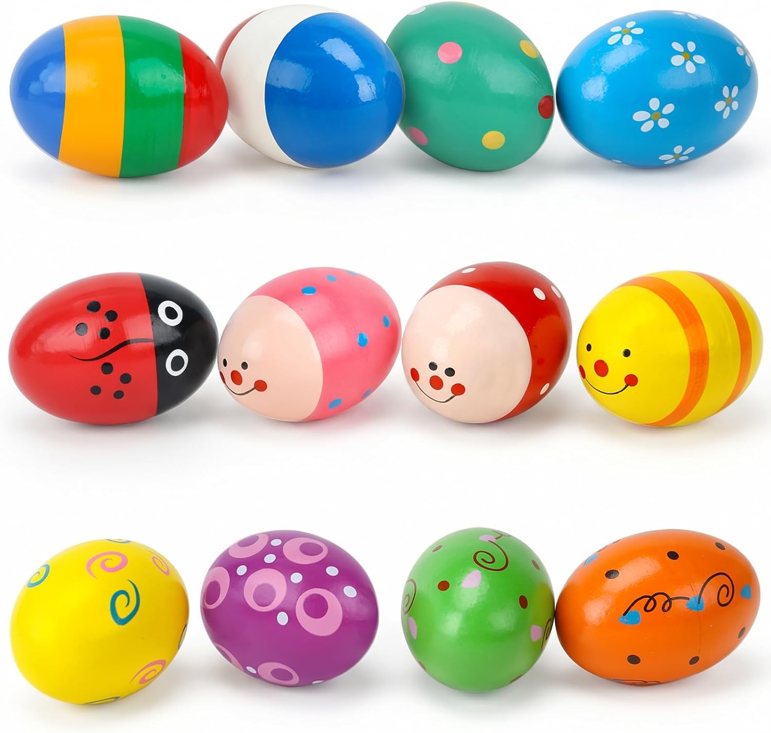 POPLAY 12 piece wooden egg shakers front view showing colorful painted patterns for kids