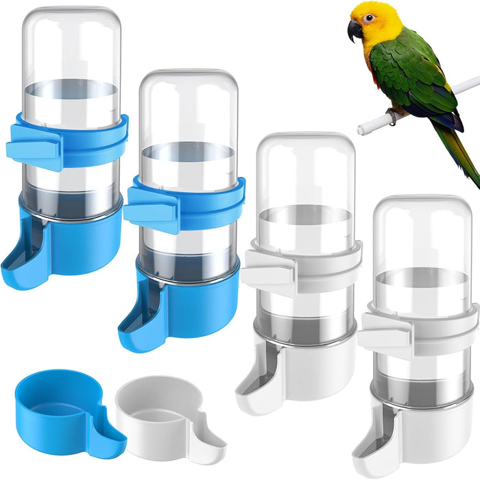 Pawfly 4 Pcs Bird Water Dispenser, Cage Accessories for Parrot & Hamster, Bird Feeder for Cage, White & Blue Waterer for Small Parakeet Cockatiel Budgie Lovebirds - Image 1