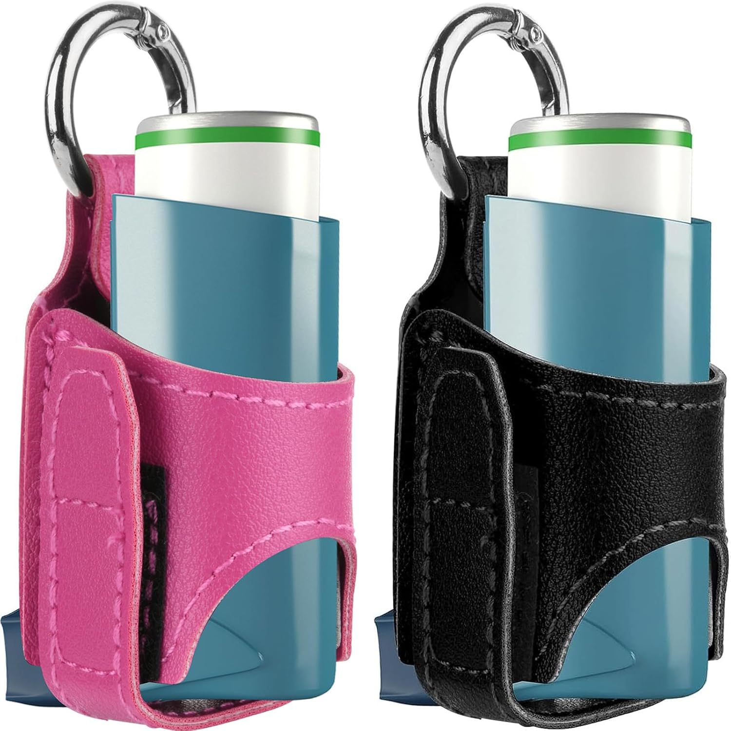 Beautyflier Asthma Inhaler Holder Keychain front view showing black and hot pink PU leather pouches.