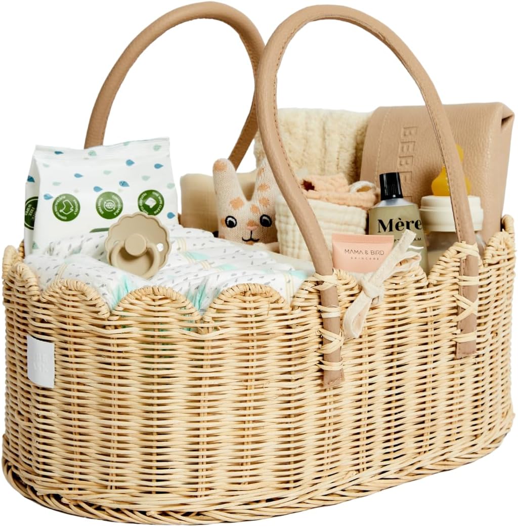 Bebe Bask Poppy scalloped rattan baby diaper caddy front view