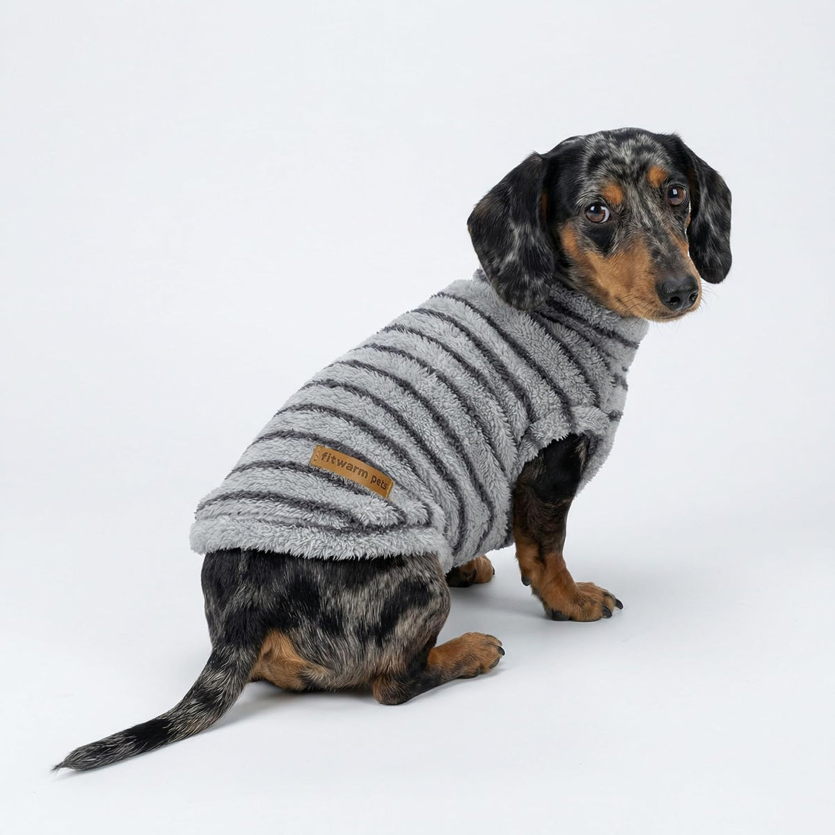Fitwarm fuzzy winter pet outfit grey striped jumper variant side view.