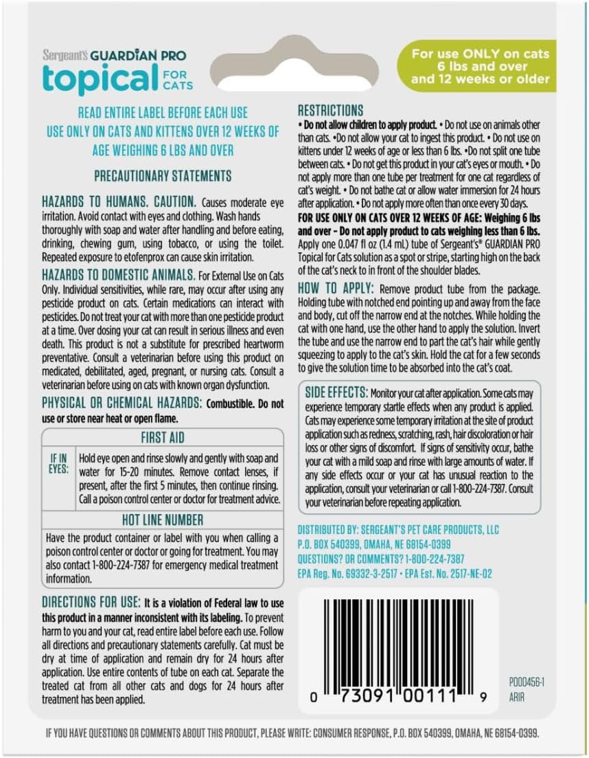 Sergeant's Guardian Pro squeeze on topical pest prevention back label info