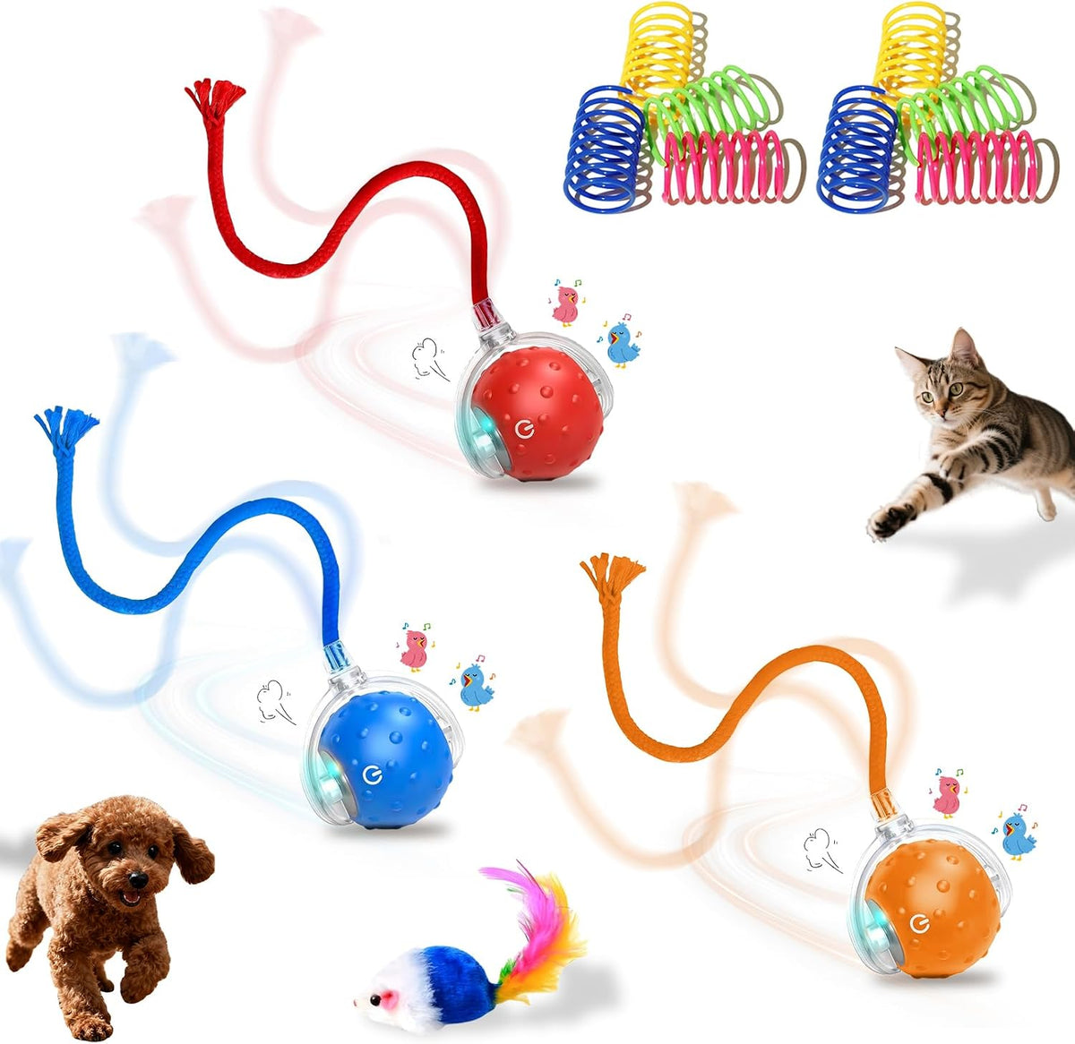 2-Pack Interactive Cat Toys Ball for Indoor CatsDog,Automatic Cat Toy with Smart Obstacle Avoidance&Bird Chirps,Includes 8 Cat Spiral Spring,Cat Enrichment Toys for Indoor Cats(RedBlue) - Image 15