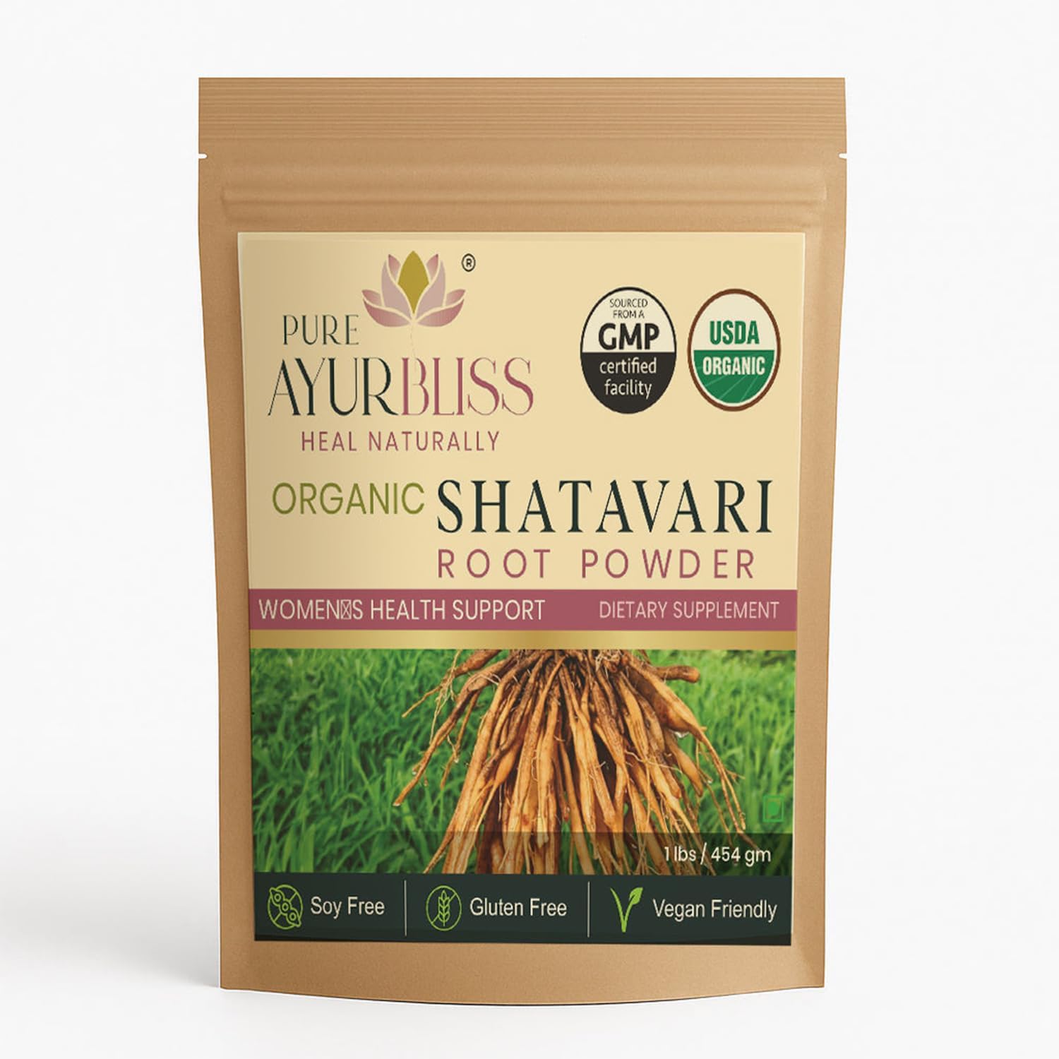 PureAyurbliss Organic Shatavari Root Powder front view authentic wellness supplement