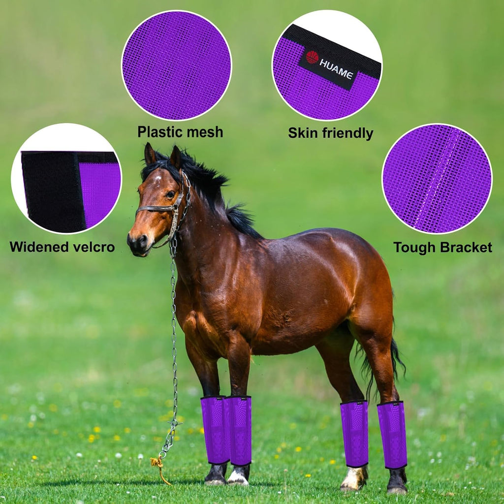 HUAME purple fly wraps for horses demonstrating lightweight ventilated mesh fabric