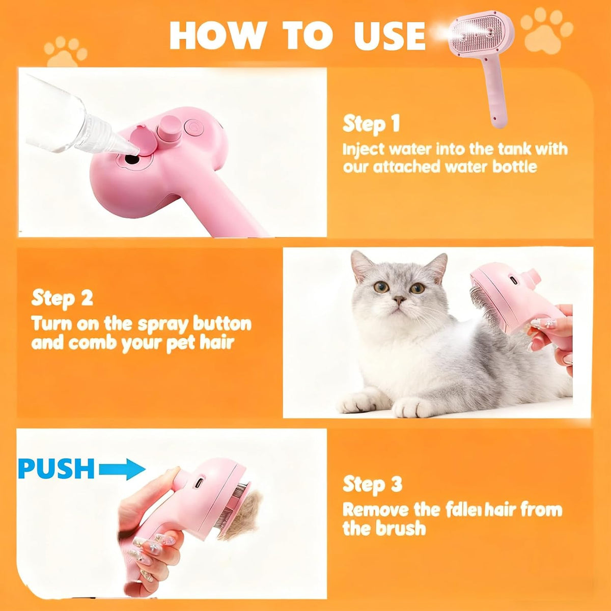 Collected pet fur being pushed off the bristles using the self cleaning button