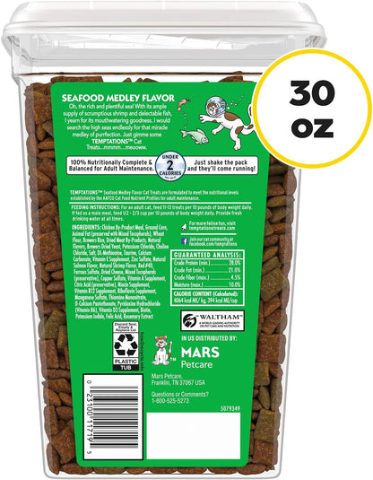Temptations crunchy and soft cat treats seafood flavor packaging
