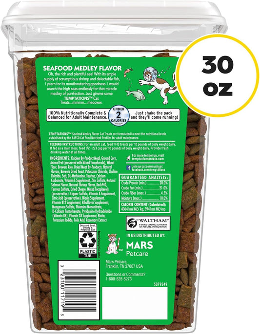 Temptations crunchy and soft cat treats seafood flavor packaging