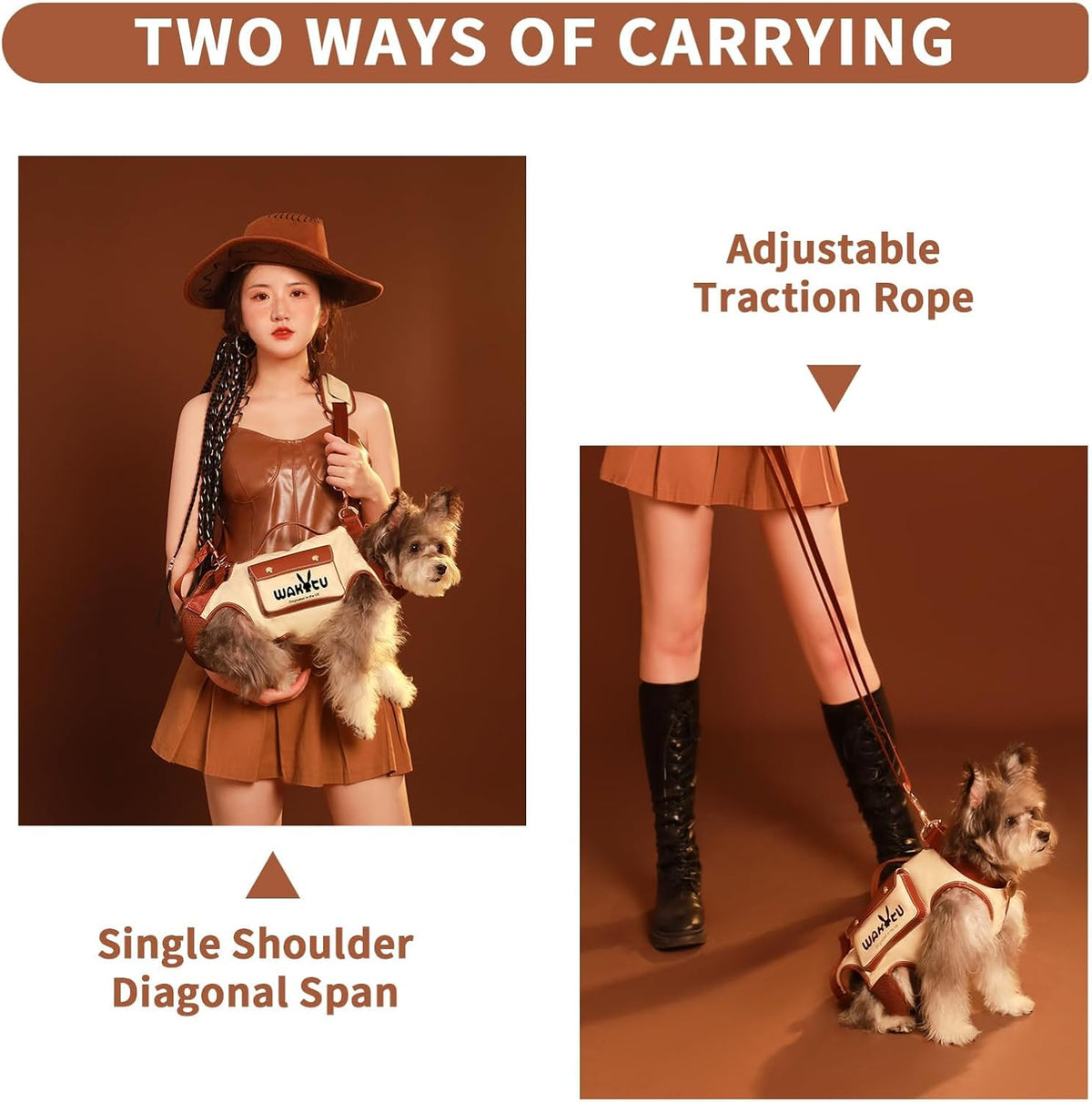 Wakytu puppy carrier showing treat bag and leash attachment