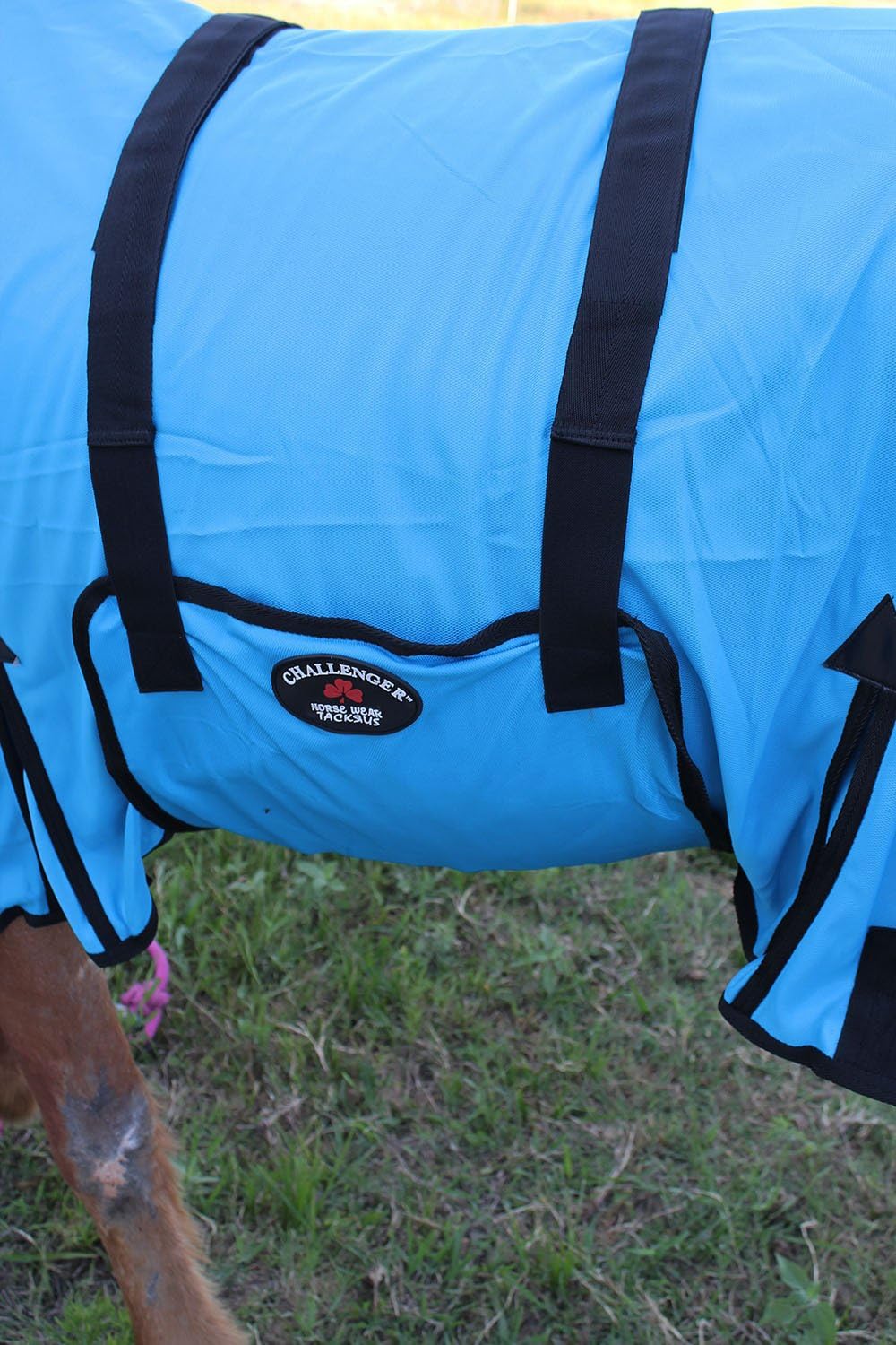 Side angle of 74 inch lightweight horse fly sheet highlighting the adjustable bellyband and shoulder gussets