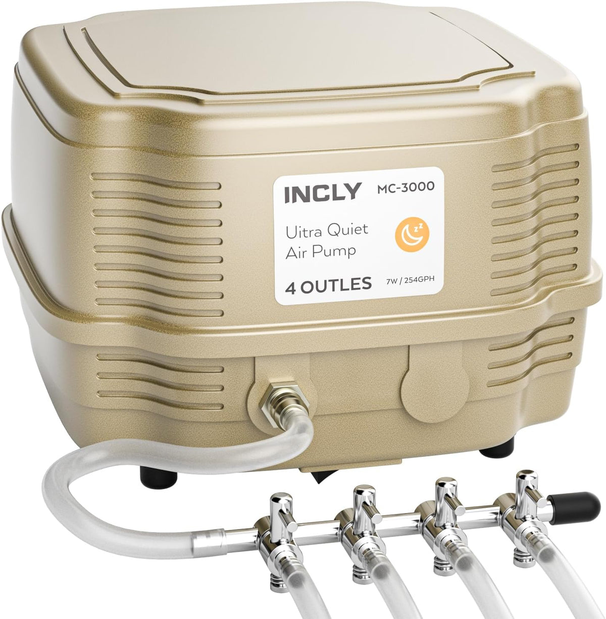 Incly aquarium air pump front view showing 4 adjustable outlets