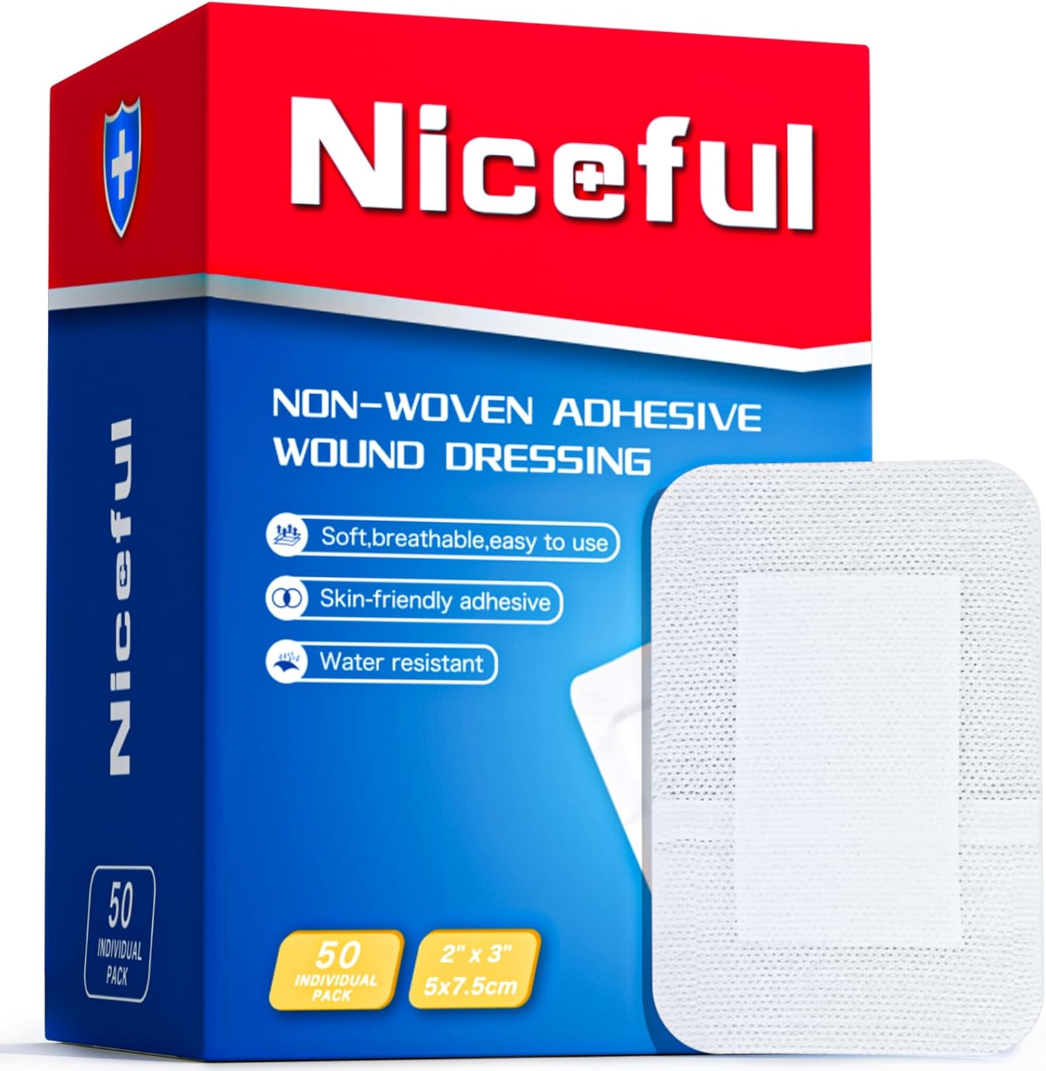 Niceful adhesive gauze island dressing 50 pack front view packaging box.