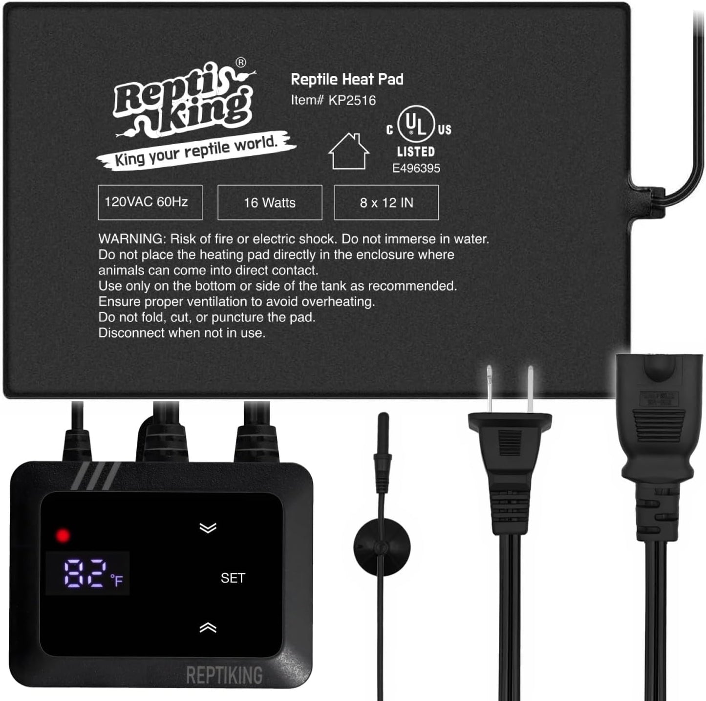 ReptiKing reptile heat pad 16W front view with digital PID dimming thermostat controller.