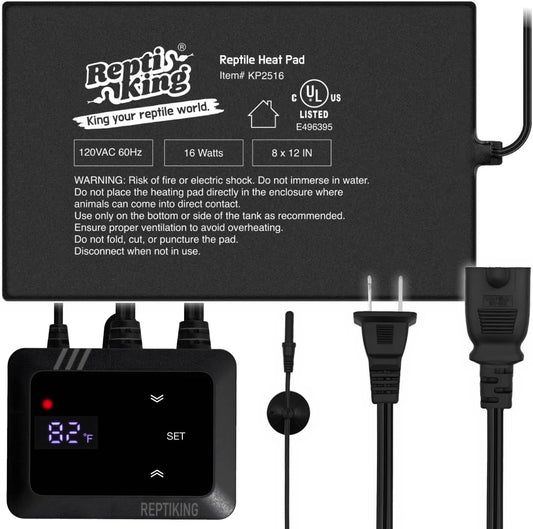 ReptiKing reptile heat pad 16W front view with digital PID dimming thermostat controller.