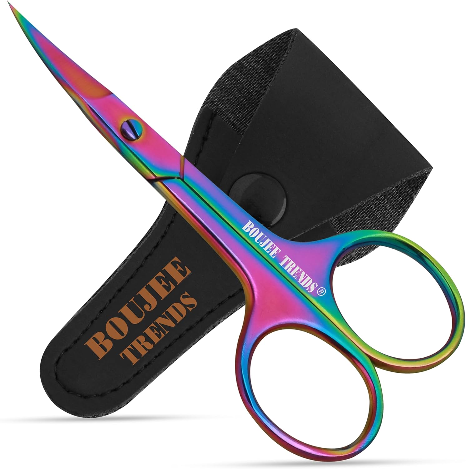 Boujee Trends multipurpose precision grooming scissors front view showcasing the rainbow multi titanium color blades.
