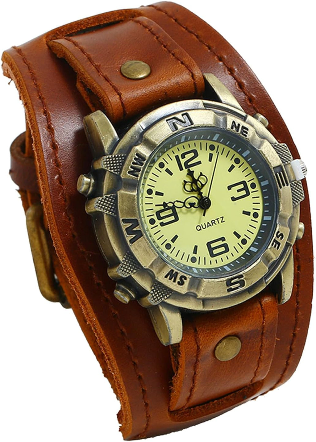 Avaner wide leather strap analog watch showing the secure steel pin buckle closure mechanism