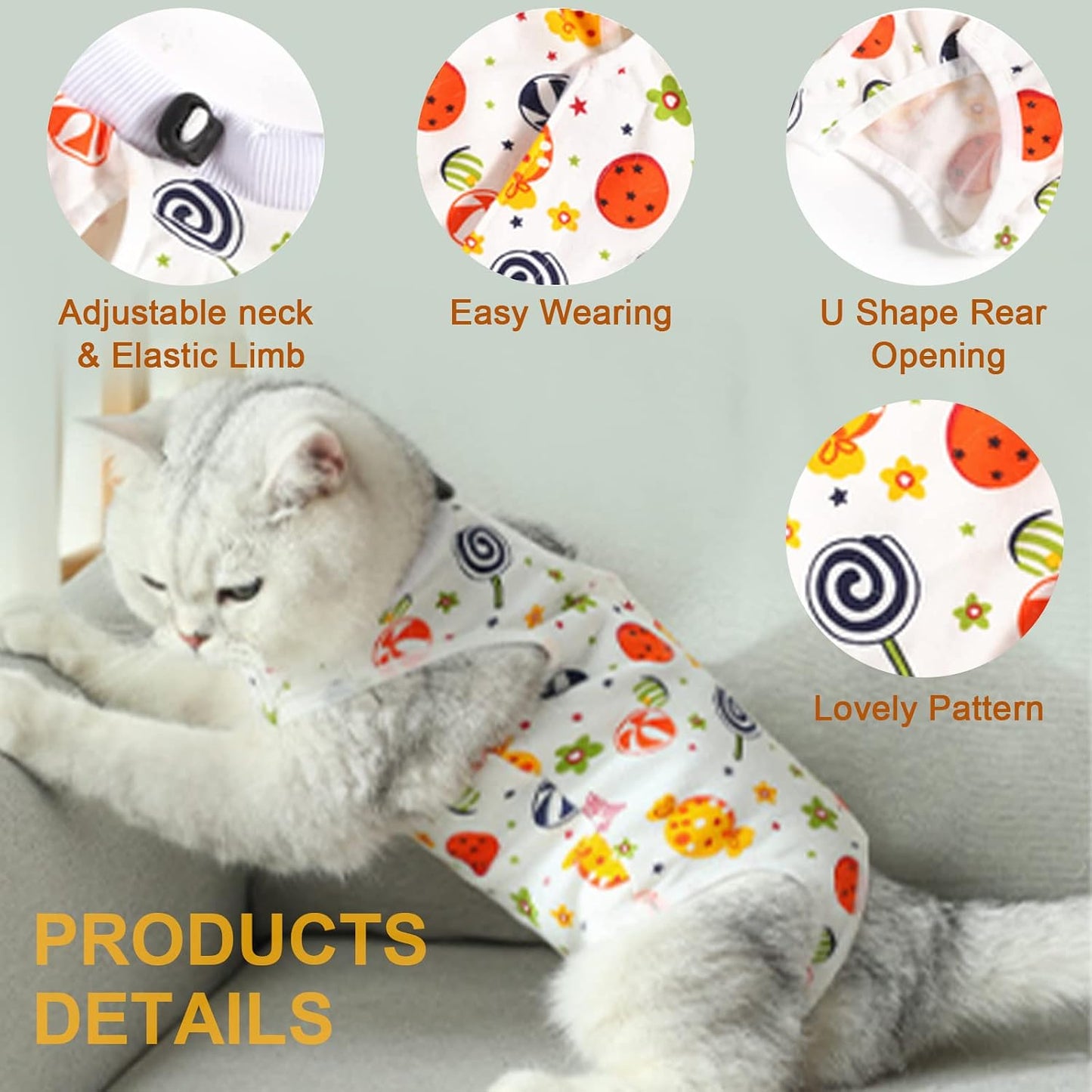 Medium size cat recovery suit neck and chest elastic closure details