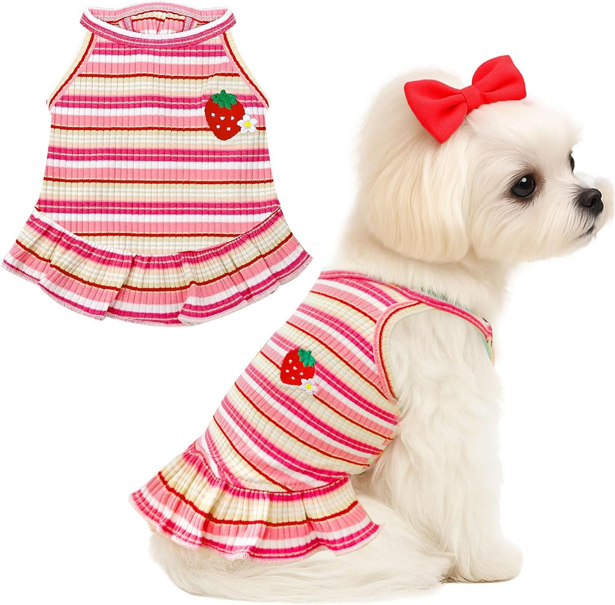 XGDMEIL cute small dog dress front view strawberry pink summer pet clothing