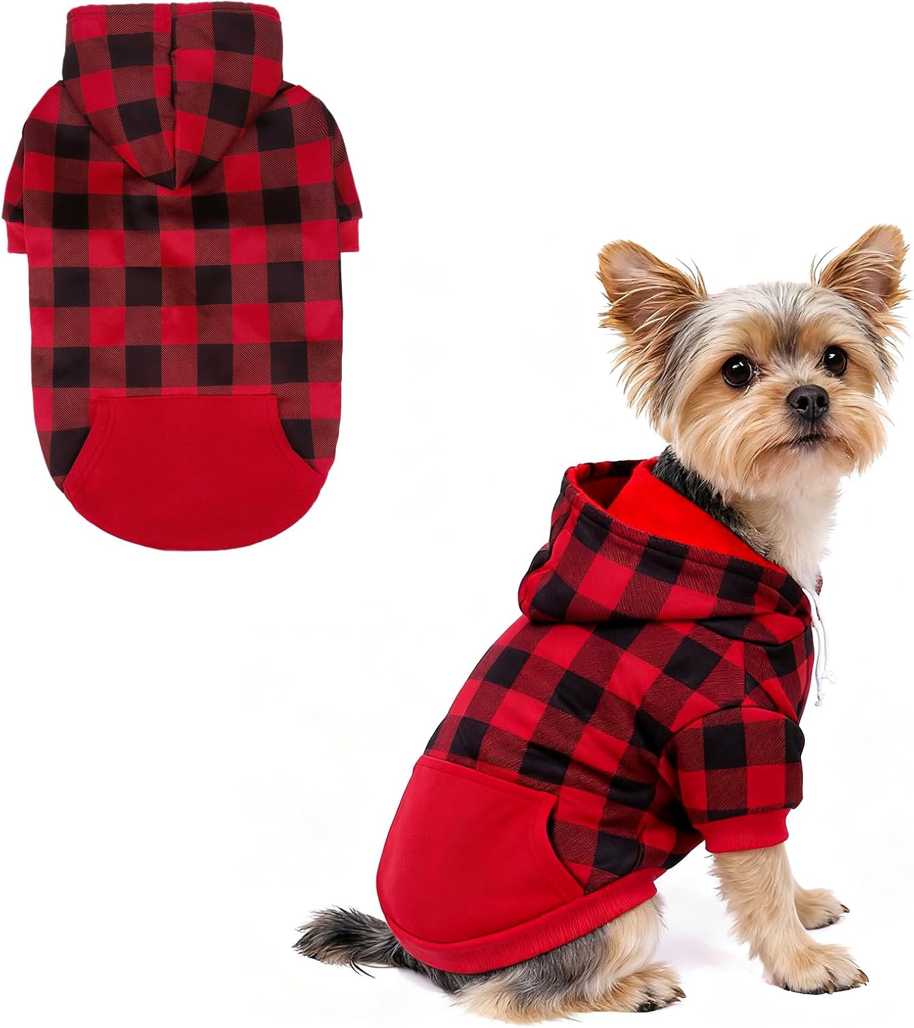 KOOLTAIL plaid dog hoodie in red size small front view premium pet winter apparel