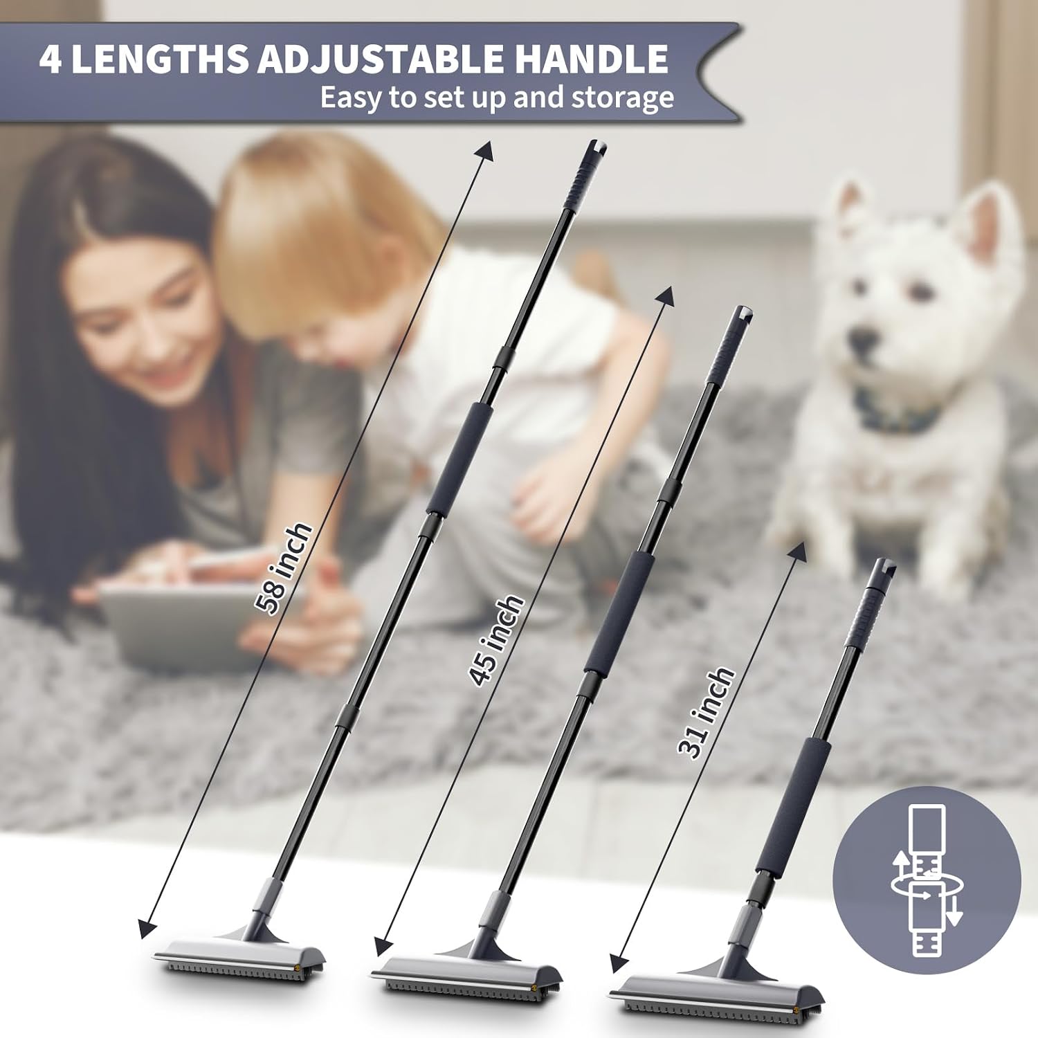 Adjustable steel handle for carpet hair rake