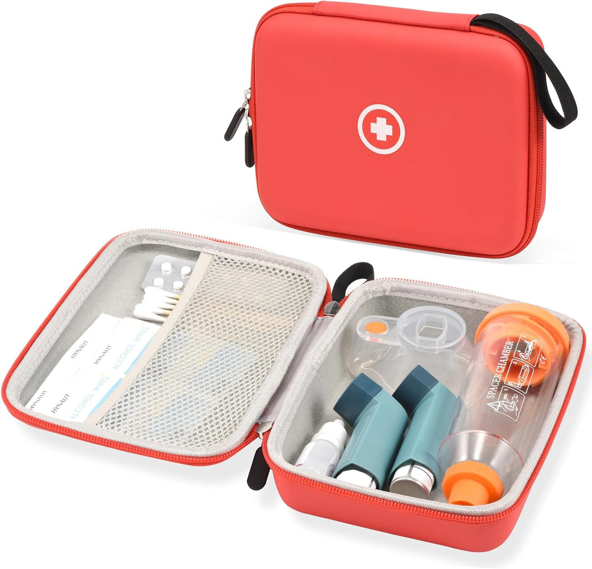 Fukumi hard travel case for asthma inhaler front view showing red protective shell