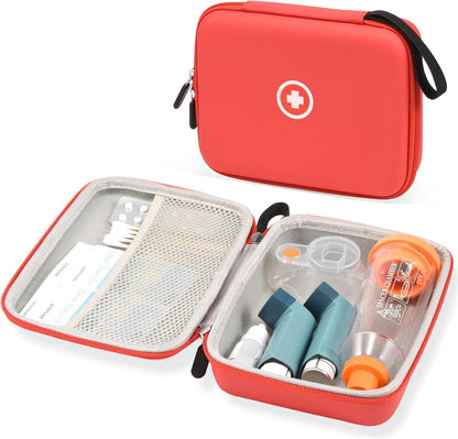 Fukumi hard travel case for asthma inhaler front view showing red protective shell