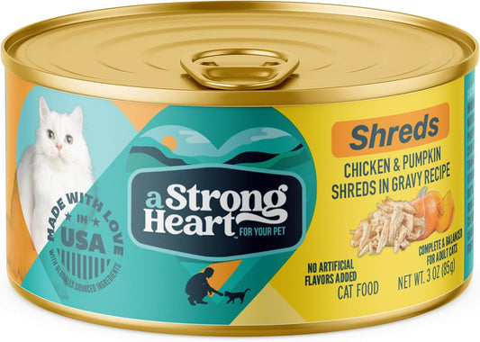 Strong Heart premium shredded chicken cat food can packaging