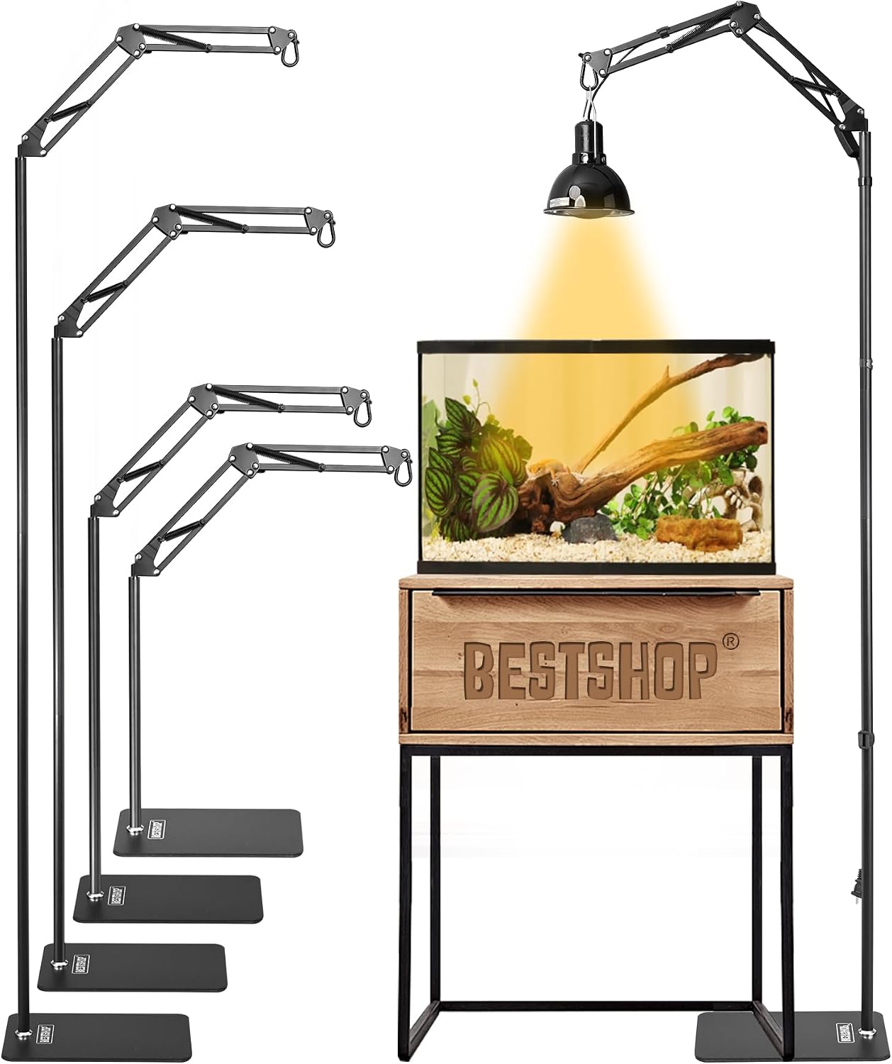 Dual Reptile Light Stand, Dual Swing-Arms, Black, 15.7-74.3 inch | 2 Adjustable 360 degrees Swing Arms, Heat Bulb Stand, For Bearded Dragons, Turtles, Chameleons, Terrarium Compatible - Image 9