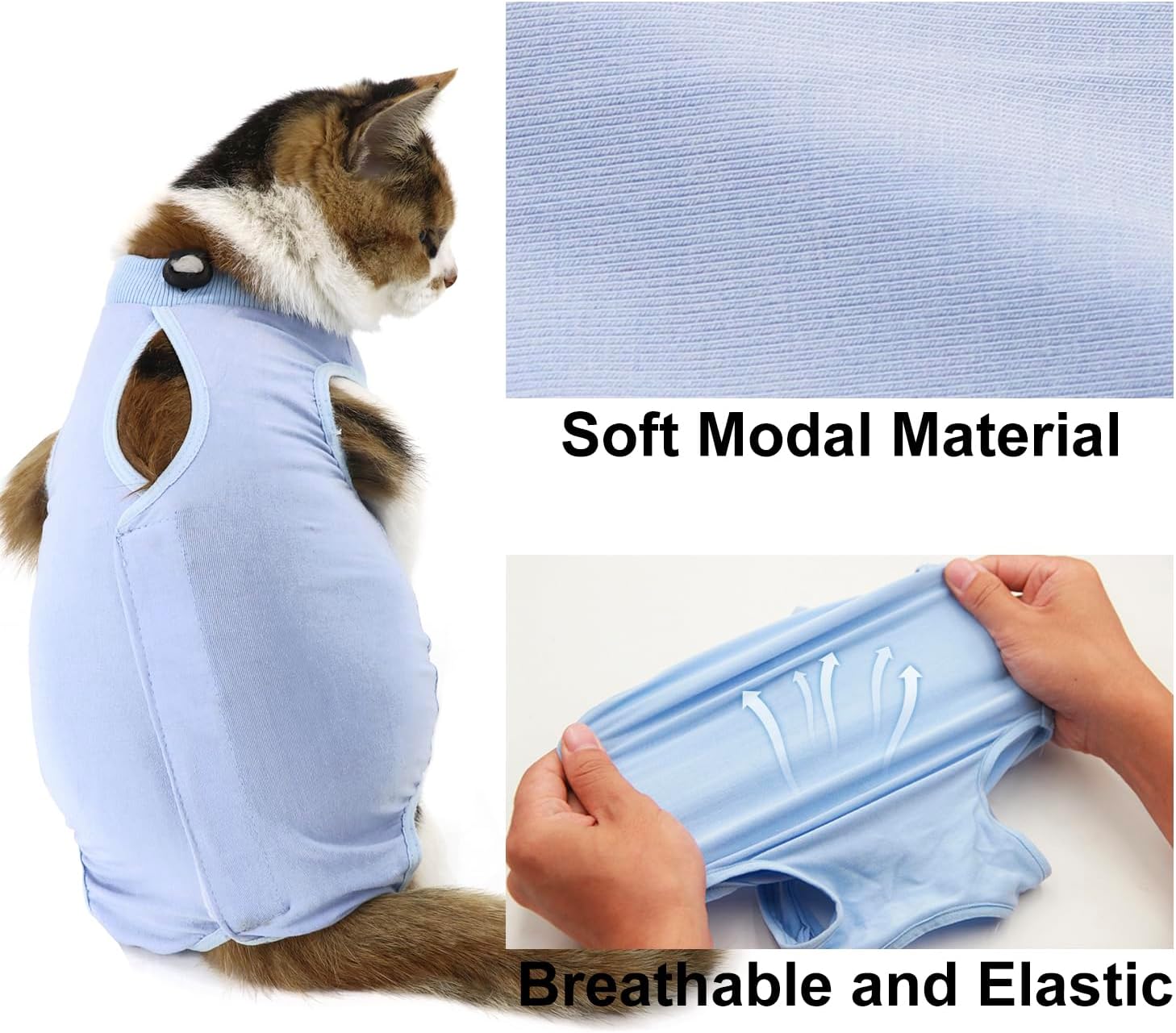 QIYADIN feline recovery suit showing the upgraded collar buckle design